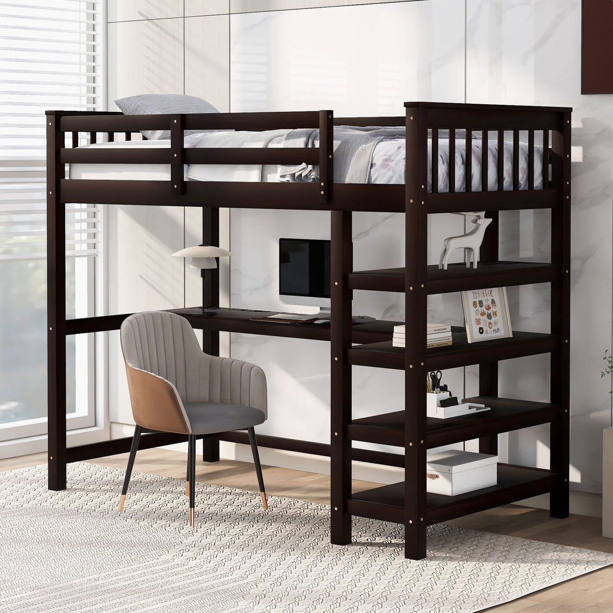 Loft Bed With Storage Shelves And Under Bed Desk