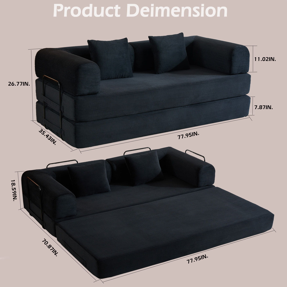 Convertible Sleeper Sofa Bed With Cylindrical Pillow, With Fixed Shape Frame