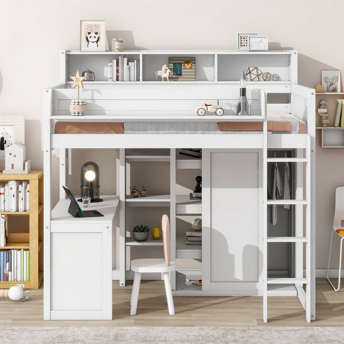 Loft Bed With Built In Desk, Storage Shelves, And Wardrobe