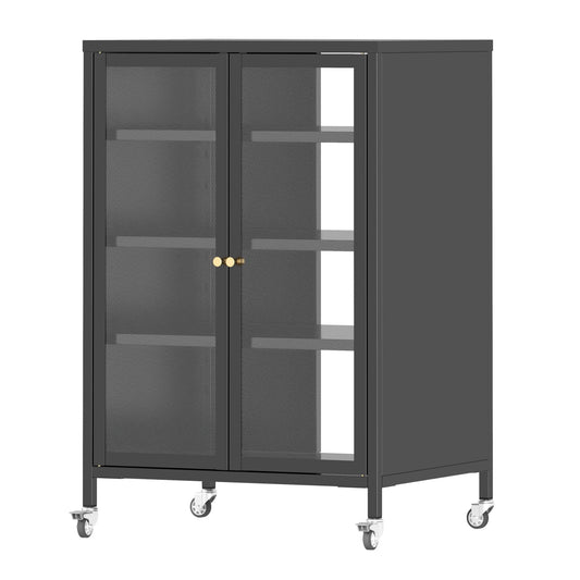 Media Storage Cabinet With Wheels, 4 Adjustable Glass Shelves & Door, Heavy-Duty - Black