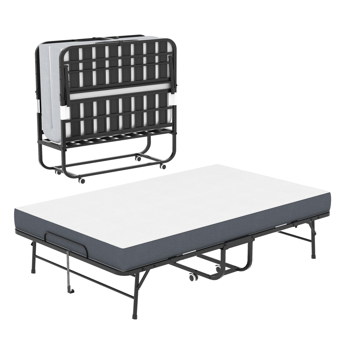 Twin Wide Folding Bed For Tall People, Extra Long & Wide Rollaway With Memory Foam, Heavy-Duty Capacity Guest, Spacious Portable Cot - Black