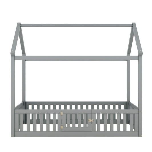 Wood House Bed With Fence And Door