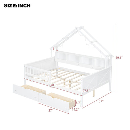 House Style Platform Bed With LED Lights, Storage Shelves, Drawers, And Guardrail