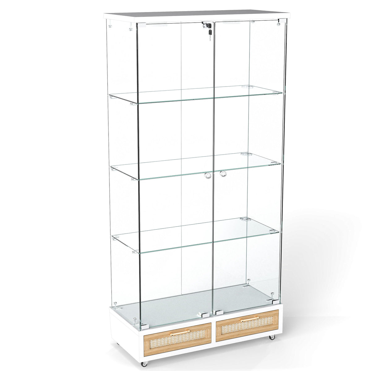 Glass Display Cabinet With LED Lights, Tempered Glass Doors, Large Drawers, 2 Door Storage Case With 4 Shelves - Natural / White
