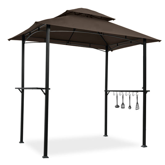 Outdoor Grill Gazebo With Double Tier Soft Top Canopy, Steel Frame, Bar Counters & Hook