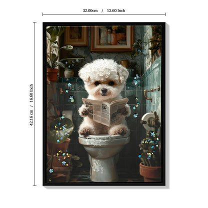 Framed Bathroom Decor, Cute Puppy Wall Art In Picture Frame, 3D Canvas Print - Indigo / White