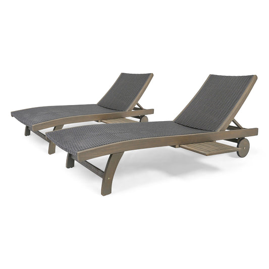 Outdoor Chaise Lounge With Pull Out Tray And Wicker Seat - Gray