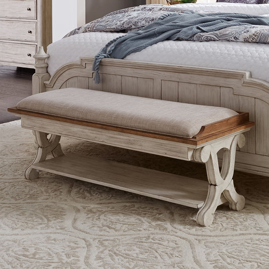 Farmhouse Reimagined - Bed Bench - Antique White / Chestnut Tops