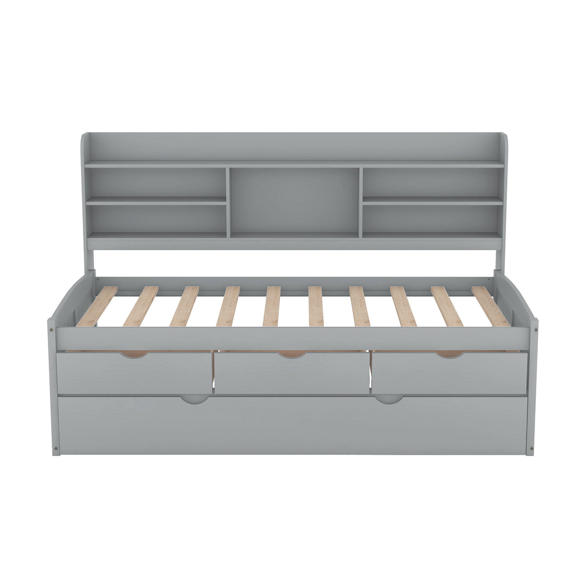 Captain Bed With Built In Bookshelves, 3 Storage Drawers, And Trundle
