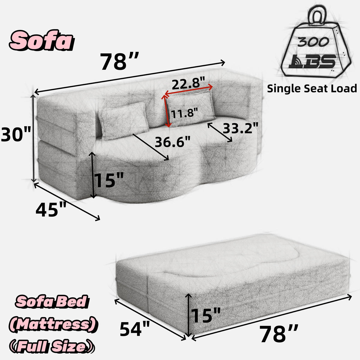 Modern Floor Sofa, With 2 Pillows, Convertible Teddy Fabric Foam Filled Bed