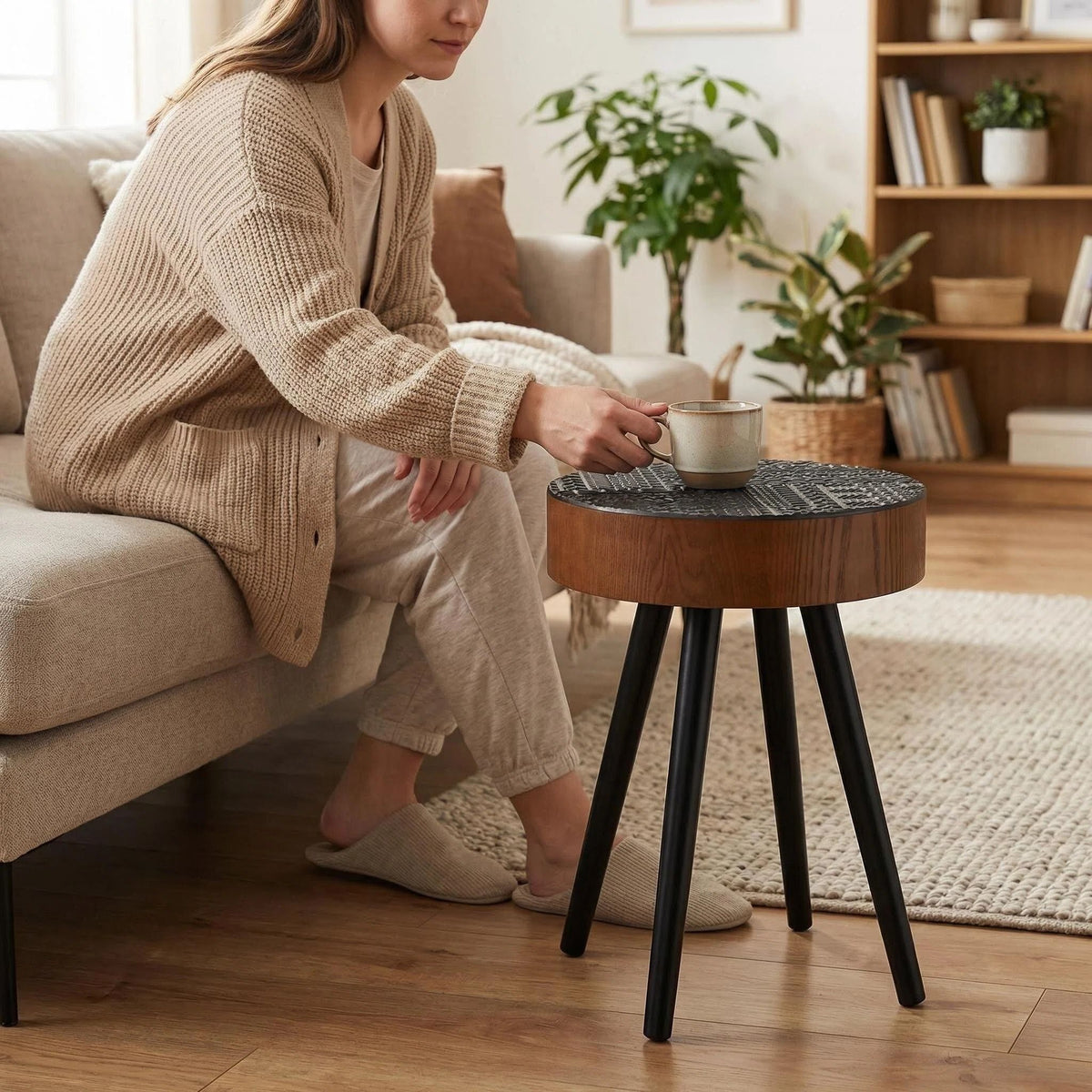 Round Coffee Table With Carved Top For Living Room