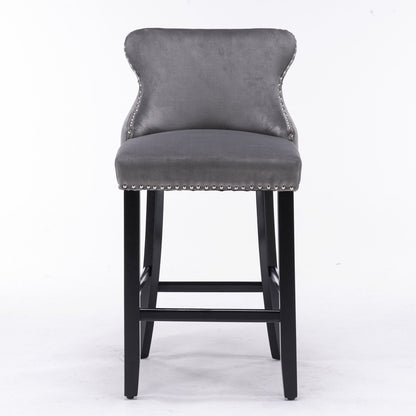 Contemporary Upholstered Wing-Back Barstools With Button Tufted Decoration And Wooden Legs, And Nailhead Trim, Leisure Style Bar Chairs, Bar Stools (Set of 2)