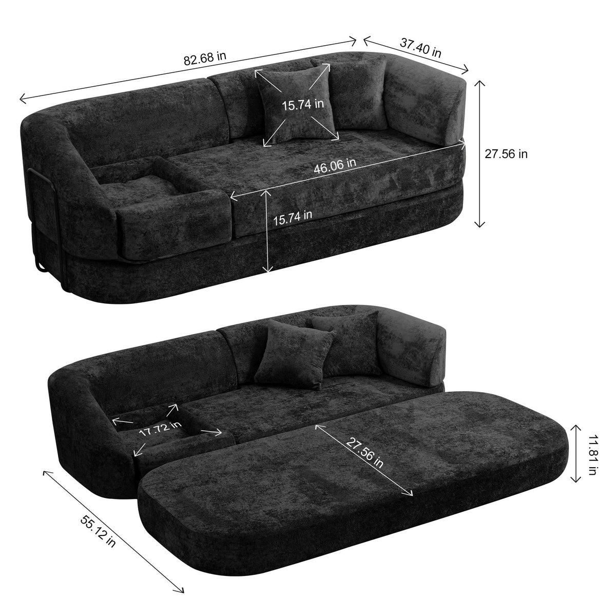 3 Seater Sofa With Built In Pet Bed Nook, Curved Design And 2 Throw Pillows