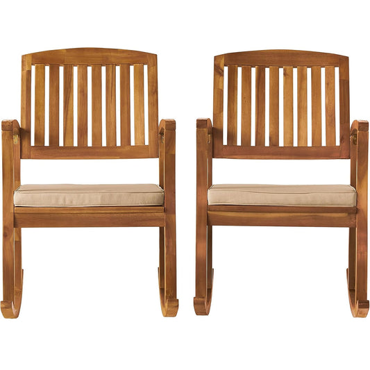 Acacia Wood Outdoor Patio Rocking Chair With Cushion (Set of 2) - Natural / Cream