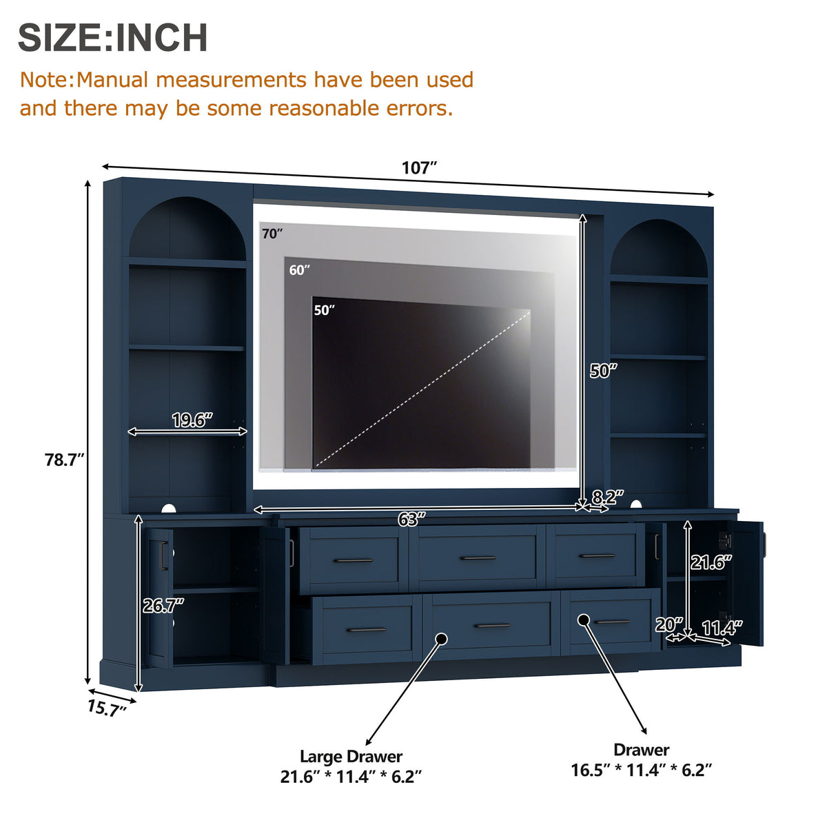 Arched Entertainment Center Wall Unit With 6 Drawers, Large TV Stand With Bookshelves