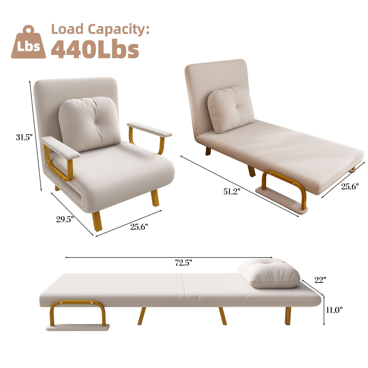 5 In 1 Folding Sofa Bed With 5 Position Adjustable Backrest