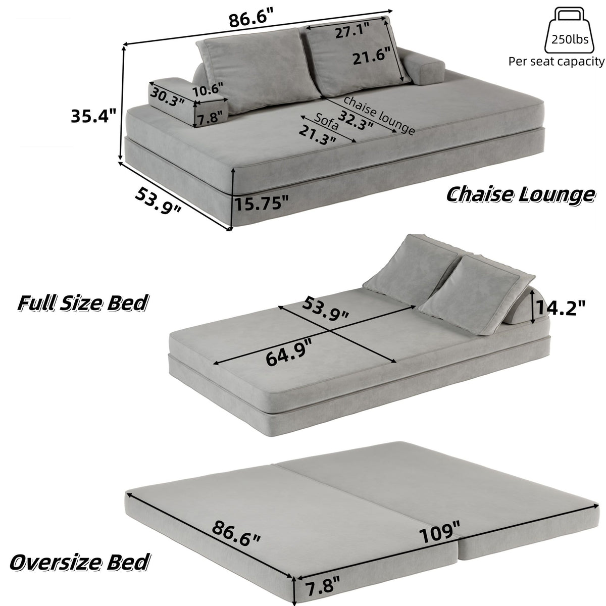 Multifunctional Convertible Sofa Bed With 2 Tumbler Backrests And 2 Pillows, Deep Seat Couch
