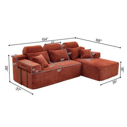 Sectional Sleeper Sofa & Storage Pockets, Modular Couch With Throw Pillows For Living Room