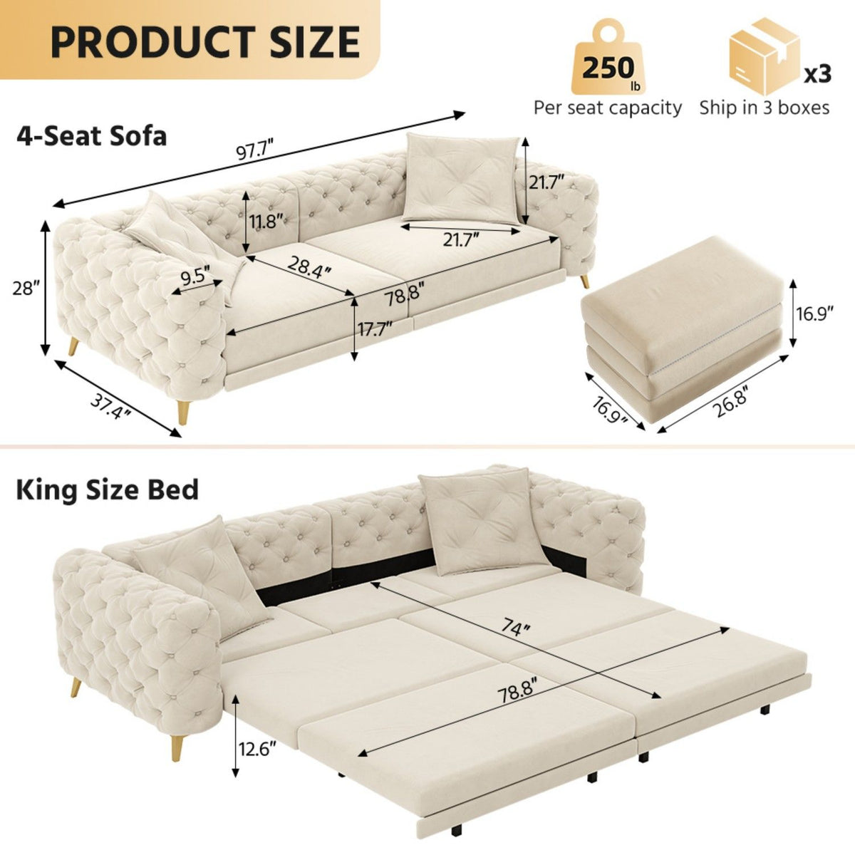 3 In 1 Convertible Sleeper, Deep Seat Pull Out Sofa Bed, Button Tufted