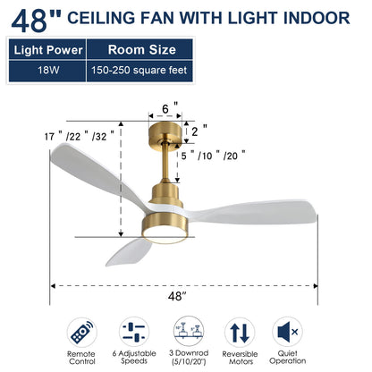 48" Ceiling Fan With 3 Blades Body, Remote Control Reversible DC Motor For Living Room - Gold