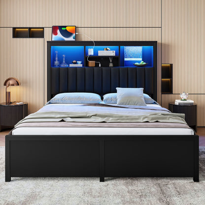 Bed Frame With High Storage Headboard, LED Light And Charging Station, 4 Storage Drawers